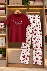 Butterfly Printed Women’s Pajama Set | Soft Cotton Lounge Wear | Maroon Top & White Butterfly Pants