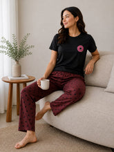 Women’s Polka Dot Pajama Set – 2 Pcs Black T-Shirt & Maroon Lounge Pants Night Suit Combo