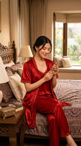 Women’s Satin Pajama Set with Inner Top & Gown | 3-Piece Luxury Sleepwear Set