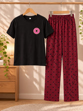 Women’s Polka Dot Pajama Set – 2 Pcs Black T-Shirt & Maroon Lounge Pants Night Suit Combo