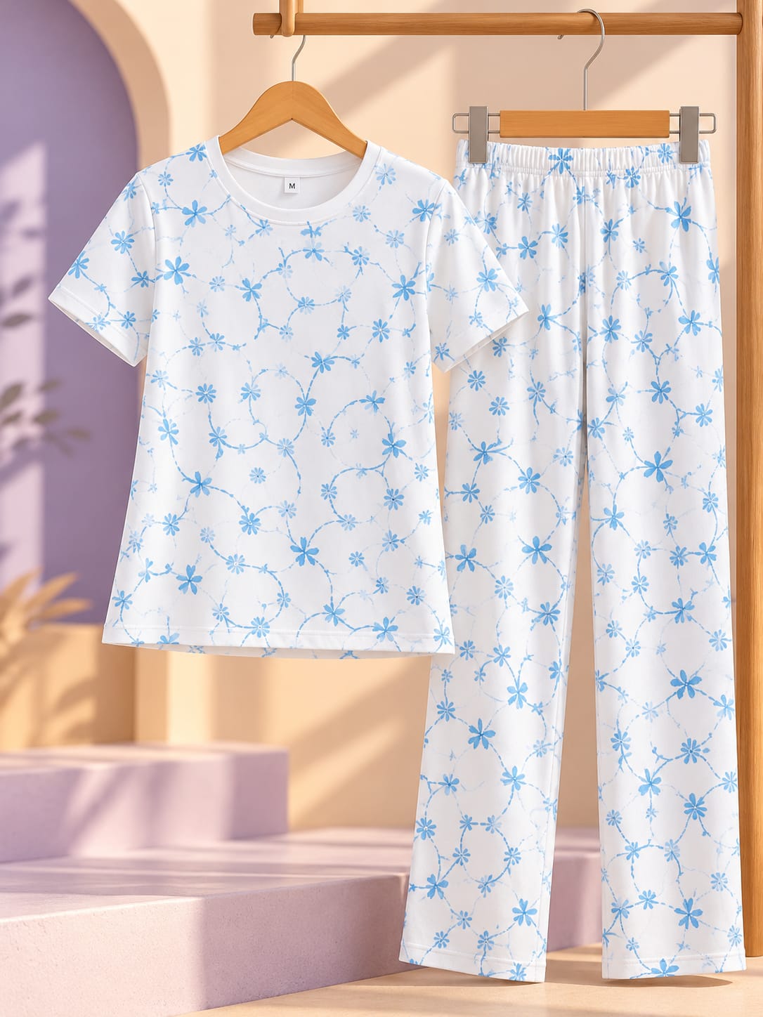 Women’s Floral Print Pajama Set – 2 Pcs Cotton-Style Night Suit & Loungewear Combo