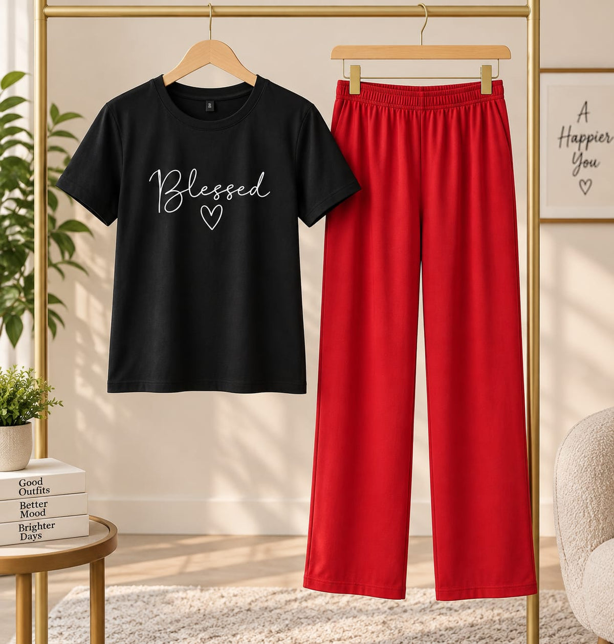 Blessed Heart Black T-Shirt & Red Wide Leg Pants Set | Women’s Casual Lounge Wear Outfit