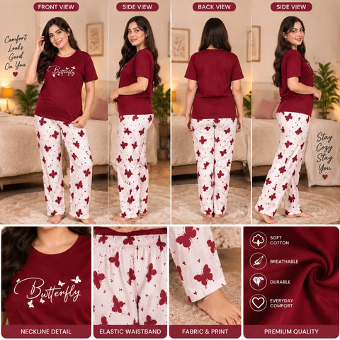 Butterfly Printed Women’s Pajama Set | Soft Cotton Lounge Wear | Maroon Top & White Butterfly Pants