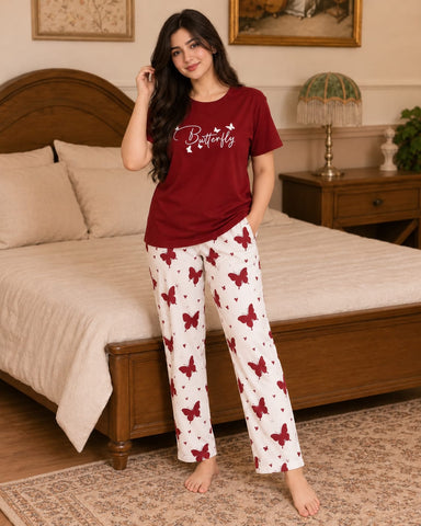 Butterfly Printed Women’s Pajama Set | Soft Cotton Lounge Wear | Maroon Top & White Butterfly Pants