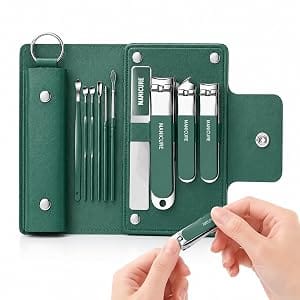 Green Manicure Set for Women – 9-Piece Stainless Steel Nail Care Kit with Travel Case