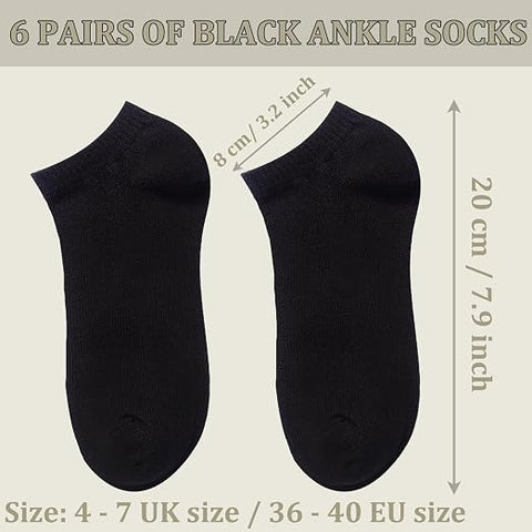 6 Pairs Socks Women,Soft Cotton Ankle Socks Breathable Wicking Black Color