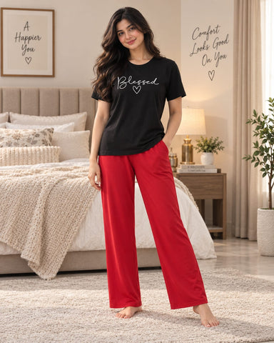 Blessed Heart Black T-Shirt & Red Wide Leg Pants Set | Women’s Casual Lounge Wear Outfit
