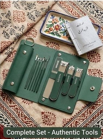 Green Manicure Set for Women – 9-Piece Stainless Steel Nail Care Kit with Travel Case