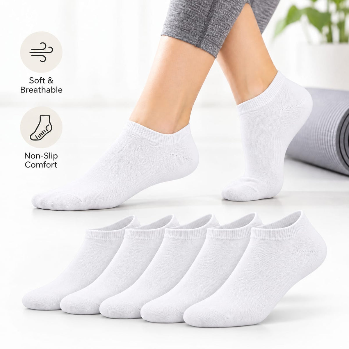 6 Pairs Socks Women,Soft Cotton Ankle Socks Breathable Wicking White Color