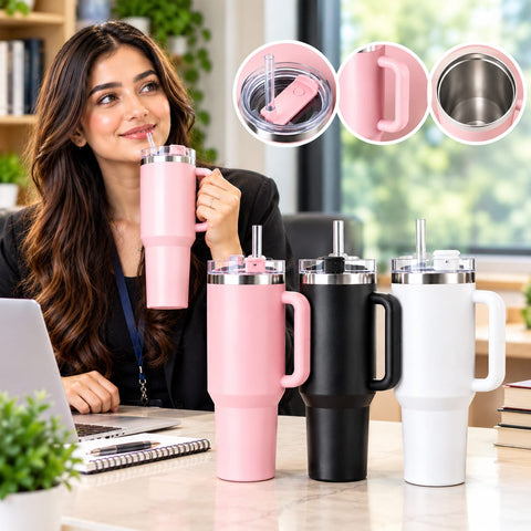 Tumbler - 1200 ml (40 oz),  Stainless Steel Tumbler With Straw, Handle And Lid - Dishwasher Safe Travel Mug - Cold for 12 Hours