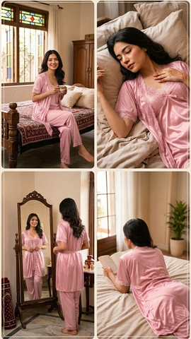 Women’s Satin Pajama Set with Inner Top & Gown | 3-Piece Luxury Sleepwear Set