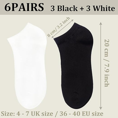 6 Pairs Socks Women,Soft Cotton Ankle Socks Breathable Wicking Black & White Color 3 Pair Each