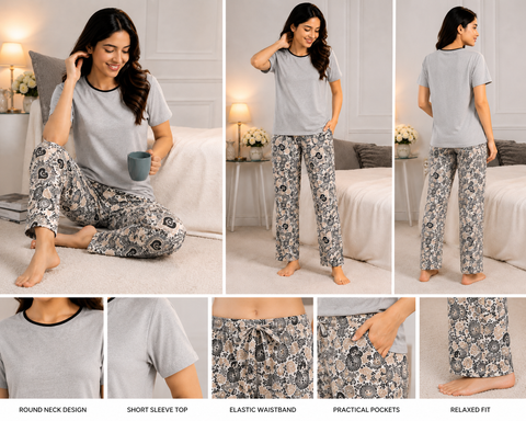 Women’s 2-Piece Pajama Set – Grey T-Shirt & Printed Lounge Pants