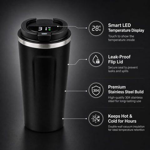 Smart Coffee Travel Mug with Digital Temperature Display Black Color