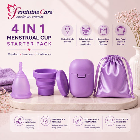 Purple 4-in-1 Menstrual Cup Kit - Medical Grade Silicone Reusable Period Cup with Sterilizing Cup, Storage Case & Satin Pouch