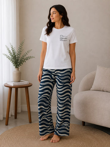 Women’s Wave Print Pajama Set – 2 Pcs Night Suit & Loungewear Combo