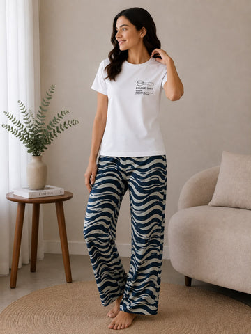 Women’s Wave Print Pajama Set – 2 Pcs Night Suit & Loungewear Combo