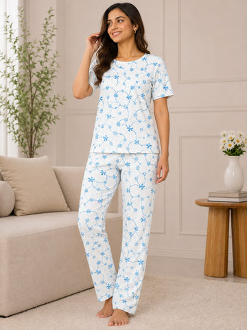 Women’s Floral Print Pajama Set – 2 Pcs Cotton-Style Night Suit & Loungewear Combo