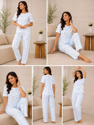 Women’s Floral Print Pajama Set – 2 Pcs Cotton-Style Night Suit & Loungewear Combo