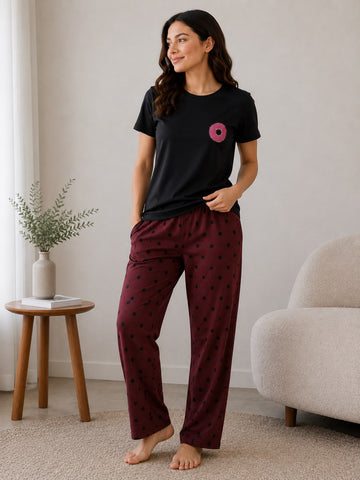 Women’s Polka Dot Pajama Set – 2 Pcs Black T-Shirt & Maroon Lounge Pants Night Suit Combo