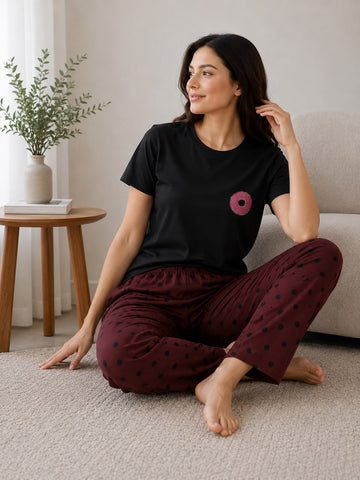Women’s Polka Dot Pajama Set – 2 Pcs Black T-Shirt & Maroon Lounge Pants Night Suit Combo
