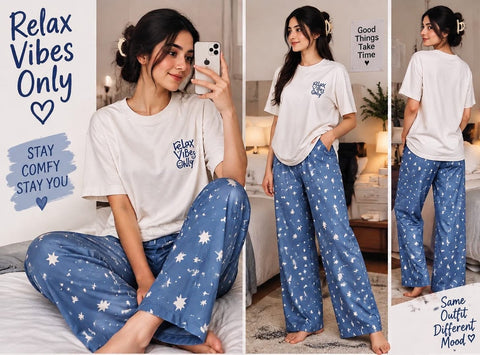 Women’s Relax Vibes T Shirt &  Pajama Set | Star Print Sleepwear Set