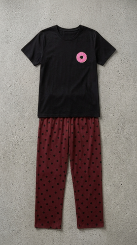 Women’s Polka Dot Pajama Set – 2 Pcs Black T-Shirt & Maroon Lounge Pants Night Suit Combo