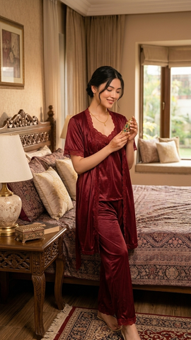 Women’s Satin Pajama Set with Inner Top & Gown | 3-Piece Luxury Sleepwear Set
