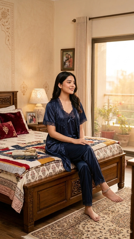 Women’s Satin Pajama Set with Inner Top & Gown | 3-Piece Luxury Sleepwear Set