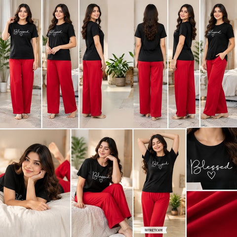 Blessed Heart Black T-Shirt & Red Wide Leg Pants Set | Women’s Casual Lounge Wear Outfit