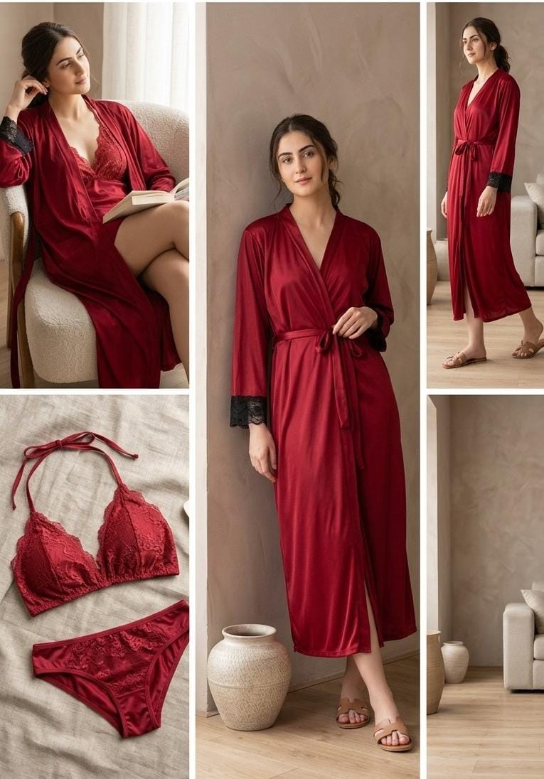 Women’s Satin Robe with Lace Lingerie Set – 3 Pc Luxury Nightwear
