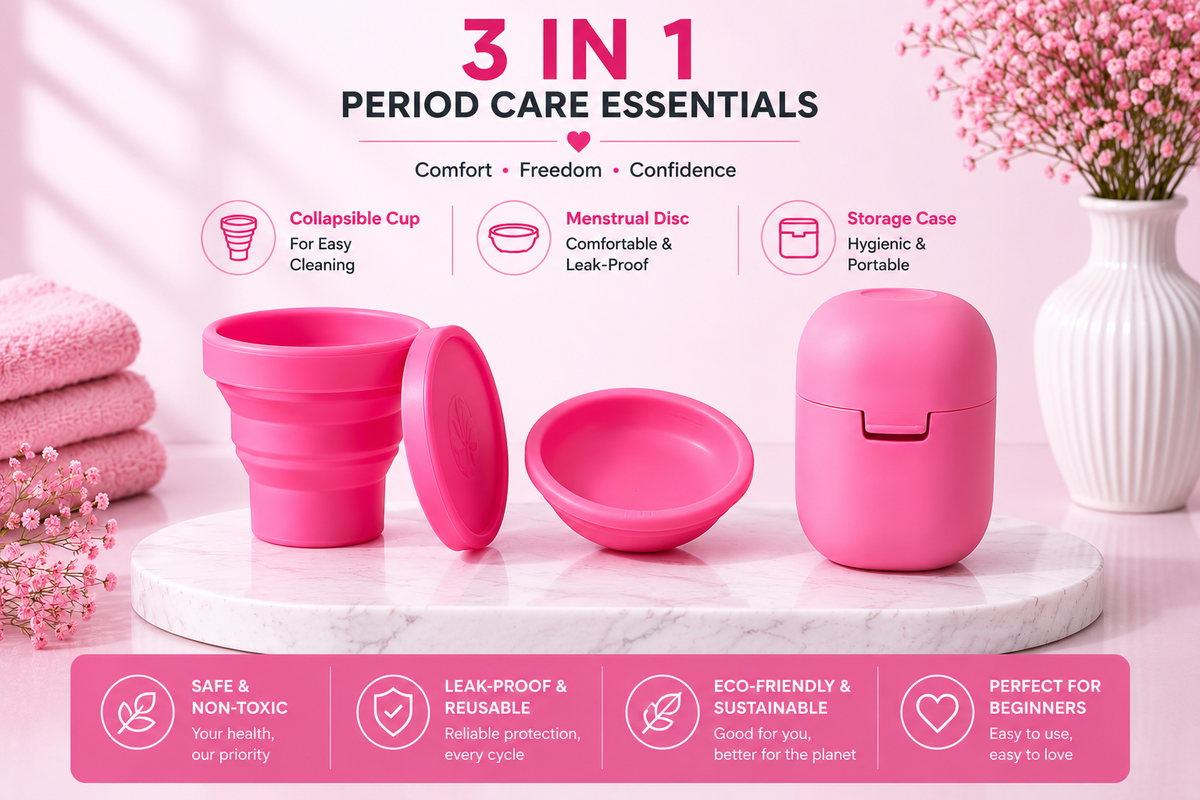 Pink 3-in-1 Period Care Essentials Kit – Menstrual Disc, Collapsible Cup & Storage Case | Medical Grade Silicone