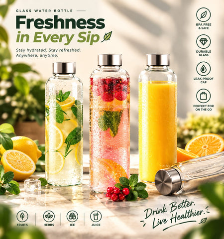Glass Water Bottle Hydrate in Style with 850ml Borosilicate with Cover