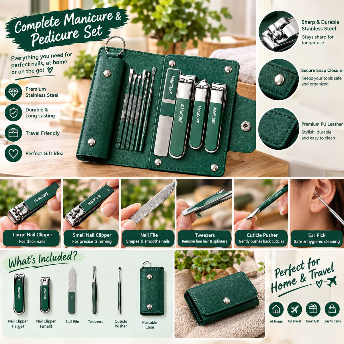 Green Manicure Set for Women – 9-Piece Stainless Steel Nail Care Kit with Travel Case