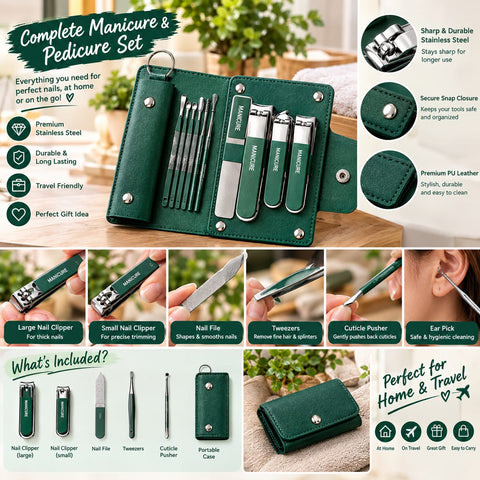 Green Manicure Set for Women – 9-Piece Stainless Steel Nail Care Kit with Travel Case