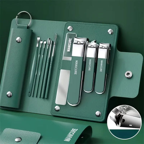 Green Manicure Set for Women – 9-Piece Stainless Steel Nail Care Kit with Travel Case