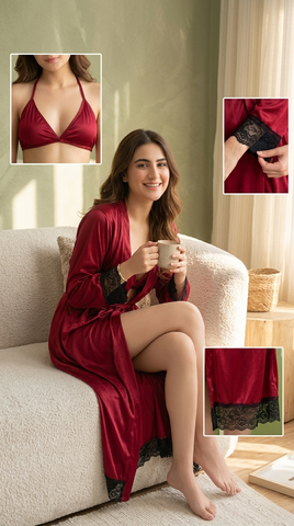 Women’s Satin Robe with Lace Lingerie Set – 3 Pc Luxury Nightwear
