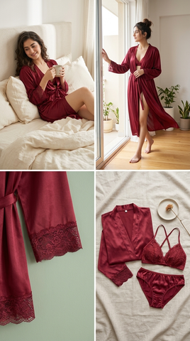 Women’s Satin Robe with Lace Lingerie Set – 3 Pc Luxury Nightwear