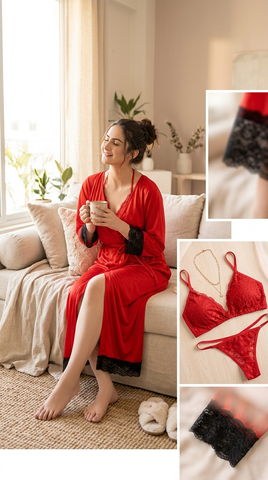 Women’s Satin Robe with Lace Lingerie Set – 3 Pc Luxury Nightwear