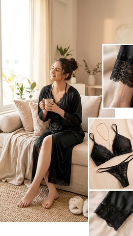 Women’s Satin Robe with Lace Lingerie Set – 3 Pc Luxury Nightwear
