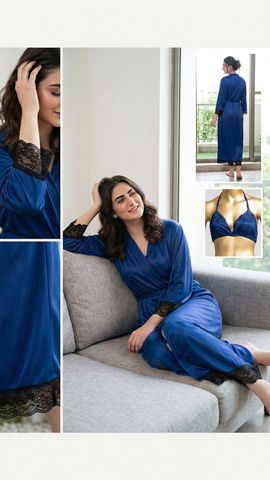 Women’s Satin Robe with Lace Lingerie Set – 3 Pc Luxury Nightwear