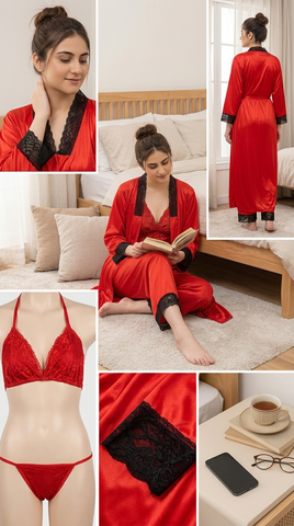 Women’s Satin Robe with Lace Lingerie Set – 3 Pc Luxury Nightwear